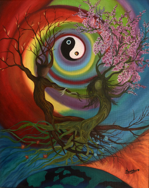 An abstract painting based on yin yang philosophy, flying trees representing dualism.