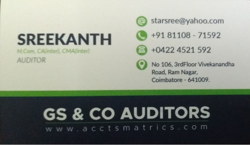 Reliable and reputed Auditor Office in Coimbatore, we examine your financial records in the most efficient way. We do all types of income tax filing, refunds, demands, hearing, scrutiny, notice cases, tax returns and much more.  https://www.google.com/maps/place/GS+AND+CO+Auditors/@11.0114504,76.9593359,17z/data=!3m1!4b1!4m5!3m4!1s0x3ba8590140f0cac5:0x68931ab7c4635f22!8m2!3d11.0114451!4d76.9615246