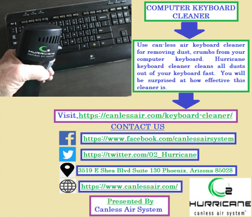 Use can-less air keyboard cleaner for removing dust, crumbs from your computer keyboard. Hurricane keyboard cleaner cleans all dusts out of your keyboard fast.  You will be surprised at how effective this cleaner is.Visit,https://bit.ly/36fSp7r