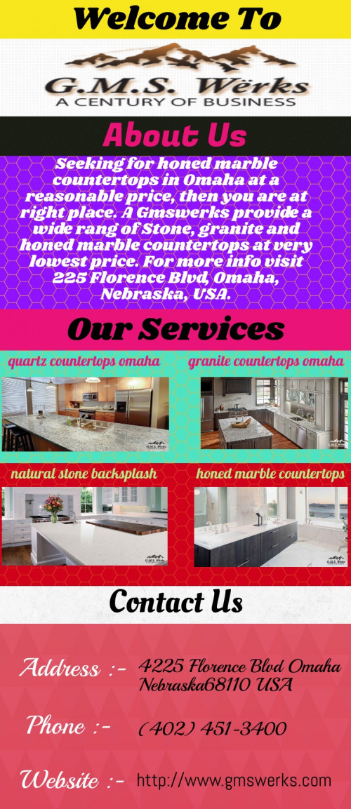 If you want to buy quartz countertops in Omaha, look no more than GMS Werks, we have different designs of the countertops which you definitely gives a good look to your counter. For more information you can call us or visit our website anytime.

http://www.gmswerks.com/