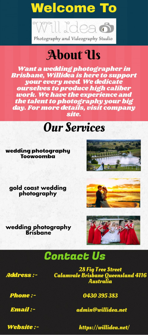 If you require wedding photography in Toowoomba then get in touch with Willidea. The candid photographs that we capture show not only how your wedding looks, but also how it feels to be there. For more details, visit company site.

https://willidea.net/wedding-photography/